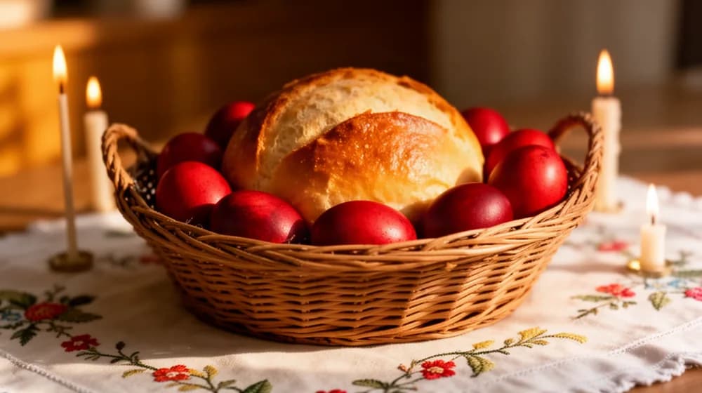Des œufs teints en rouge dans un panier, autour d’un pain brioché et de cierges