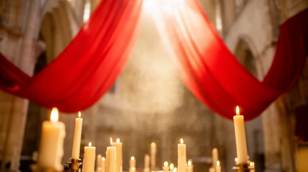 Des tissus rouges tendus dans la lumière d’une nef, des cierges allumés au premier plan