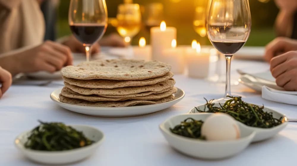 Une table dressée avec des galettes de pain sans levain, des coupes et des coupelles rituelles