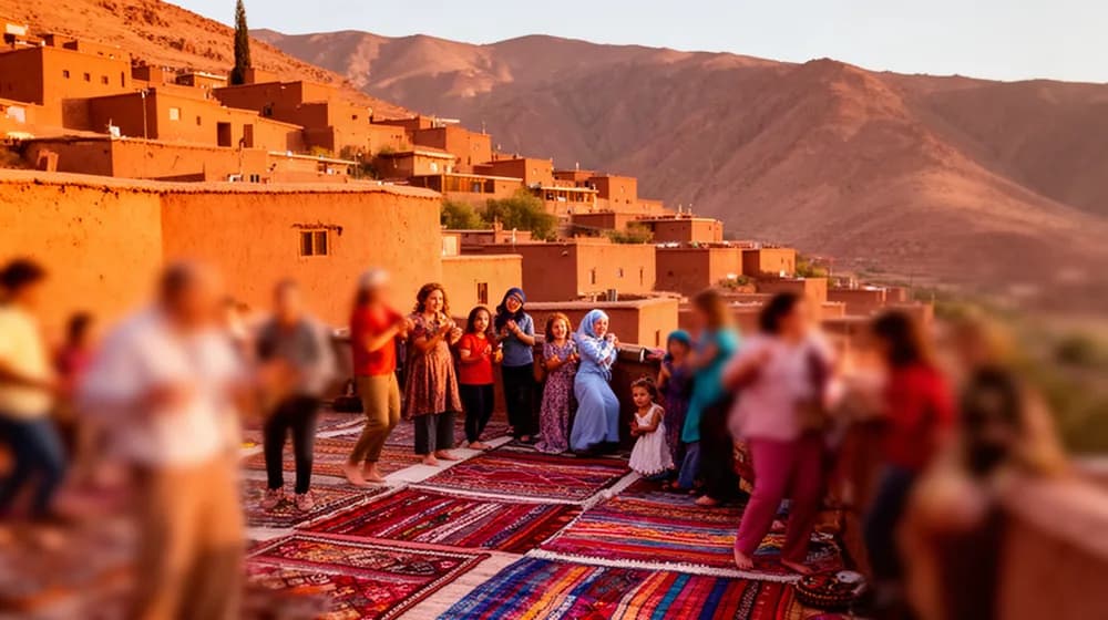 Un village de montagne aux maisons de terre ocre, des habitants réunis sur une terrasse