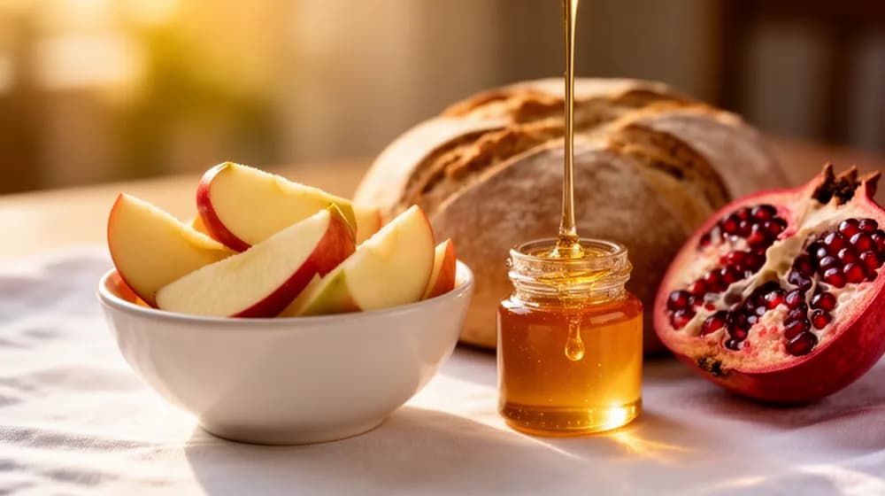 Des quartiers de pomme et un pot de miel près d’un pain rond tressé et d’une grenade ouverte