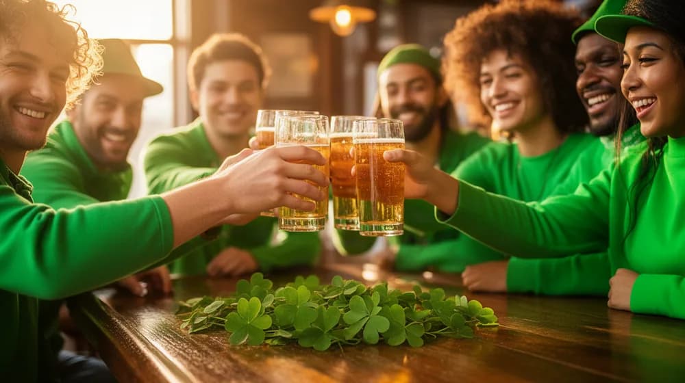 Des amis lèvent leurs verres dans un pub, vêtus de vert, des trèfles sur le comptoir