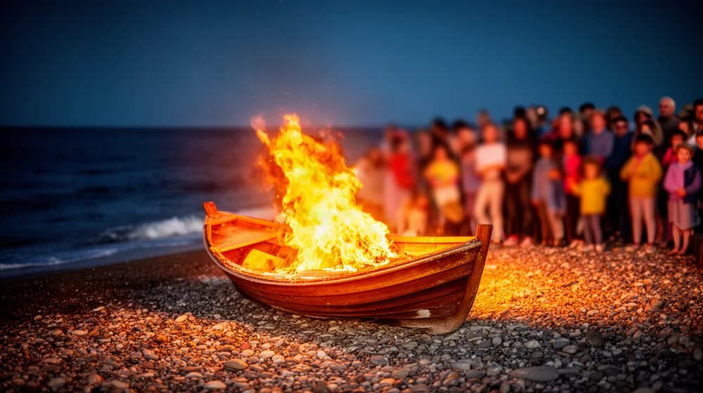 Une barque de bois enflammée sur une plage de galets, la nuit, devant une petite foule