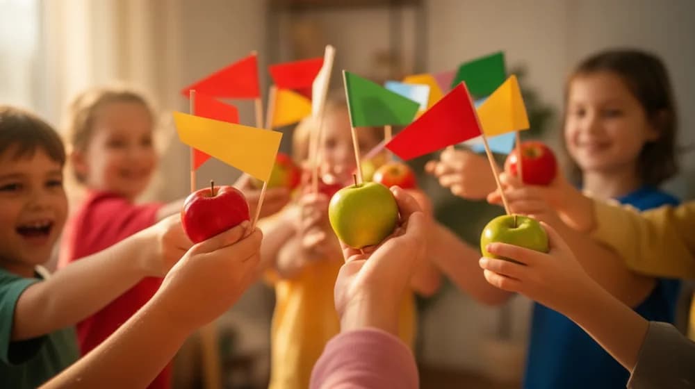 Des enfants tiennent de petits fanions de papier coloré à bout de bras dans une ronde joyeuse