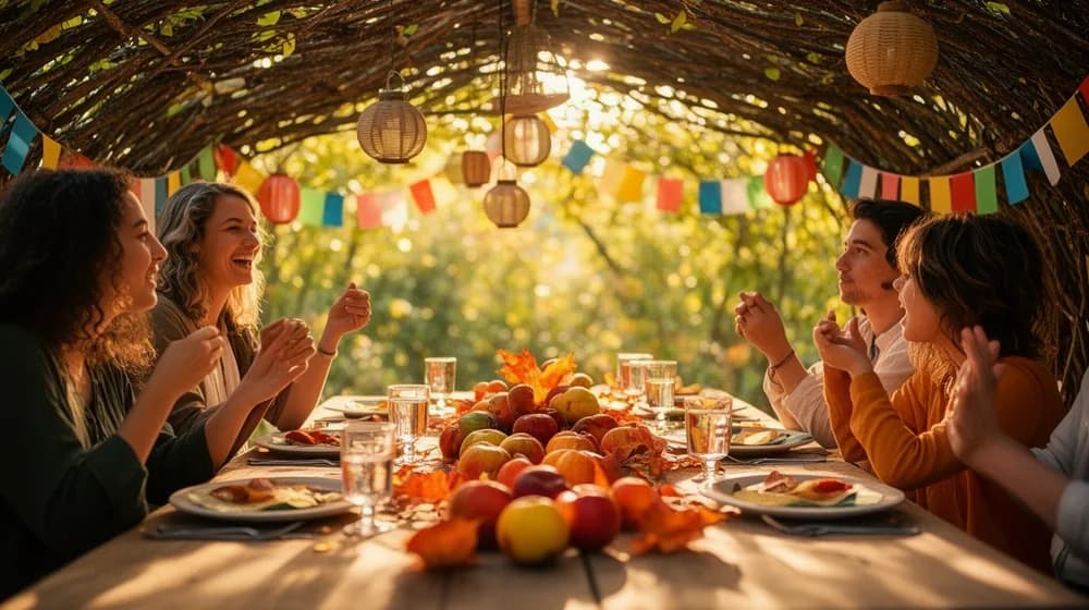 L’intérieur d’une cabane de branchages, une table dressée sous le feuillage ajouré