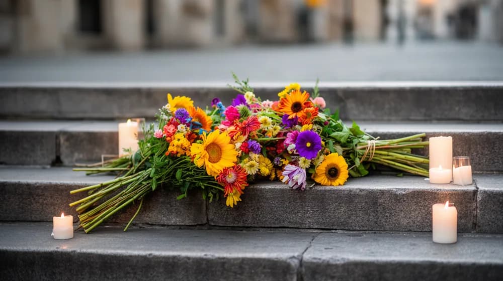 Des fleurs coupées posées sur les marches d’un escalier de pierre, dans une rue vide