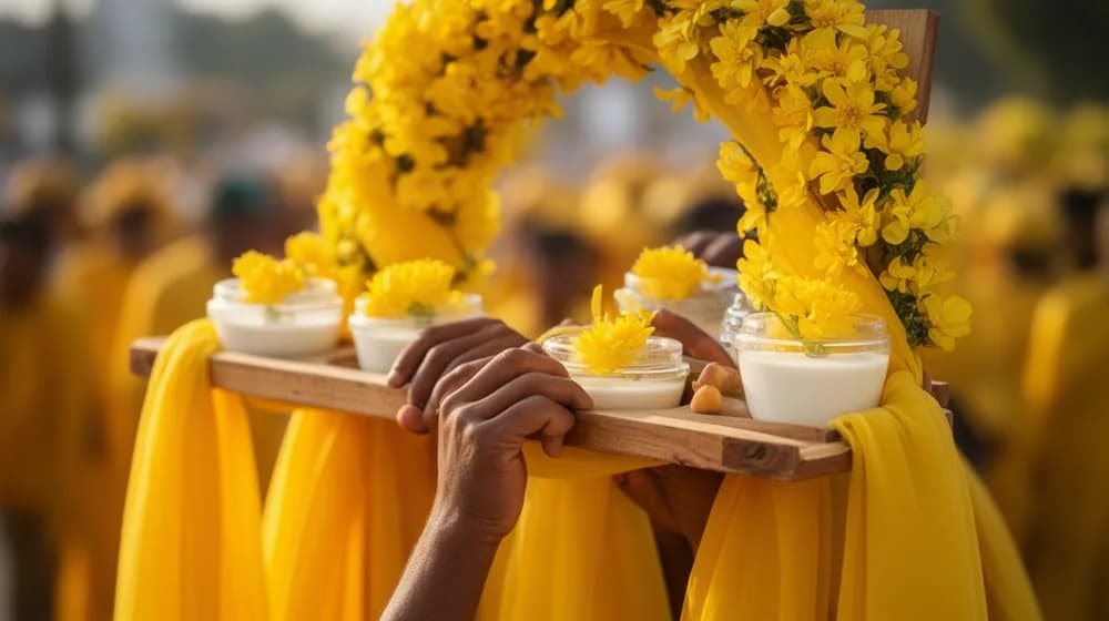 Une arche de bois décorée de fleurs jaunes portée à l’épaule, au milieu d’une foule en jaune