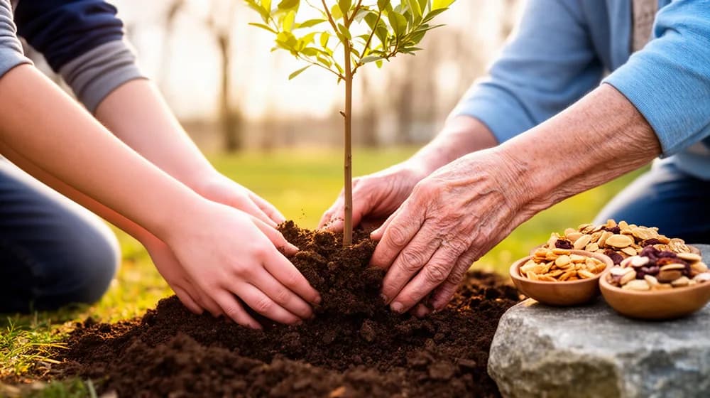 Des mains de tous âges tassent la terre autour d’un jeune arbre planté