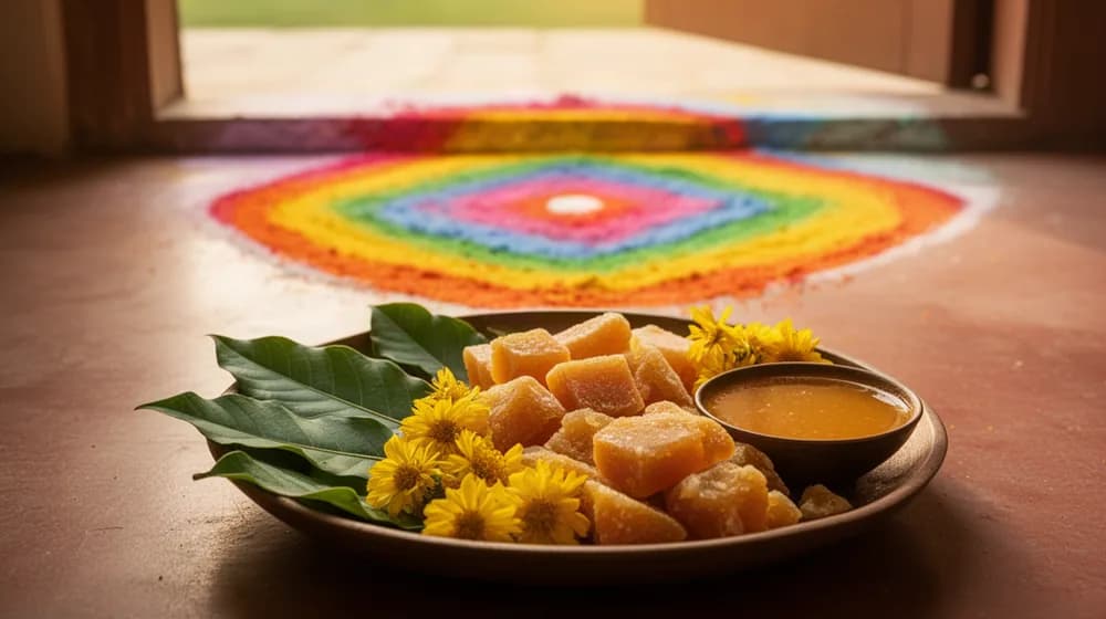 Un plateau de feuilles de manguier, de jaggery et de fleurs jaunes, devant un motif de poudres colorées