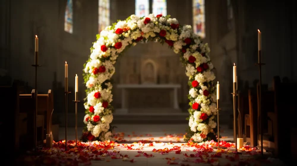 Une arche de fleurs blanches et rouges dans la pénombre, des pétales répandus au sol