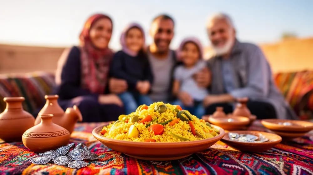 Un grand couscous aux sept légumes sur une table basse, entouré de tapis à motifs géométriques