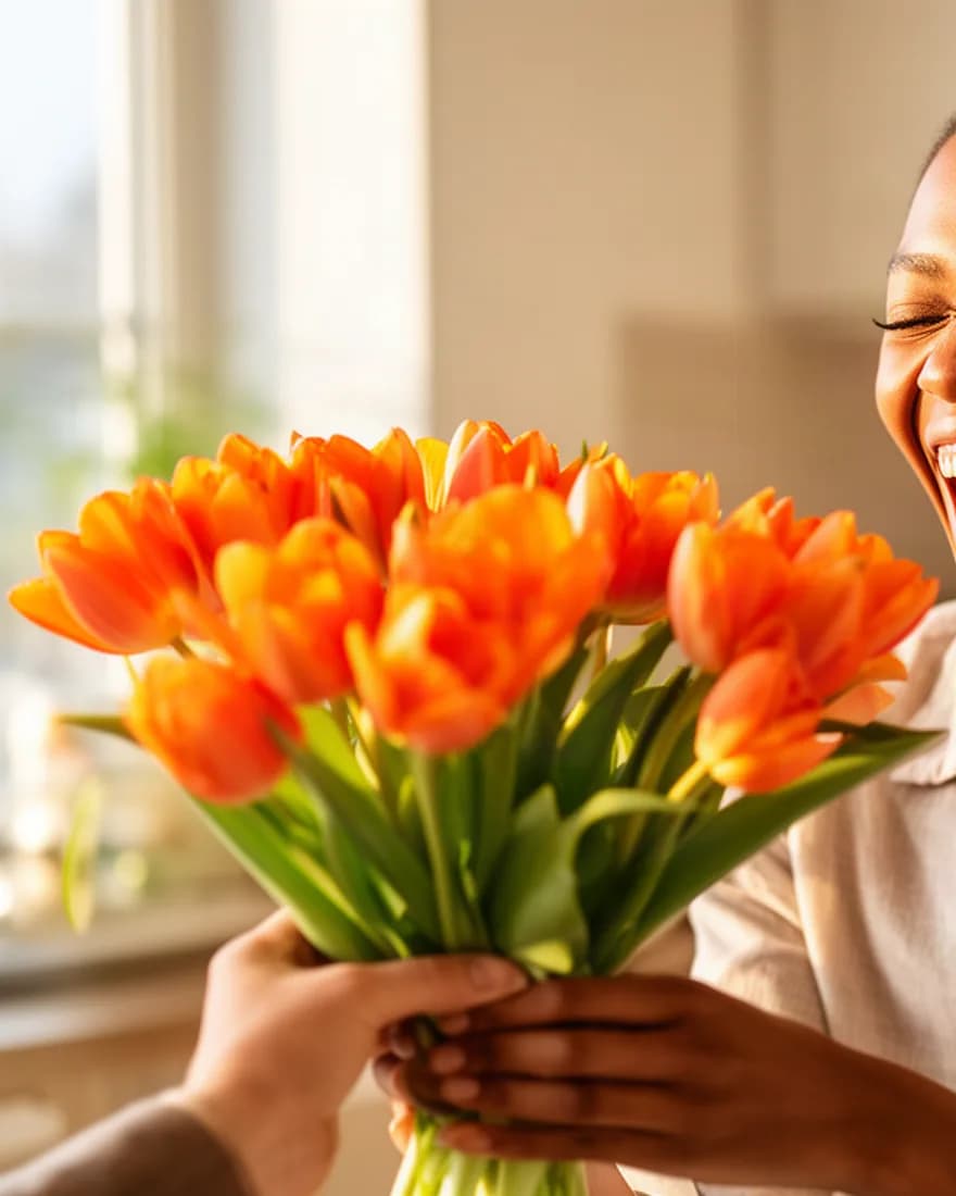 Une femme de trente ans éclate de rire en découvrant un bouquet de tulipes orange