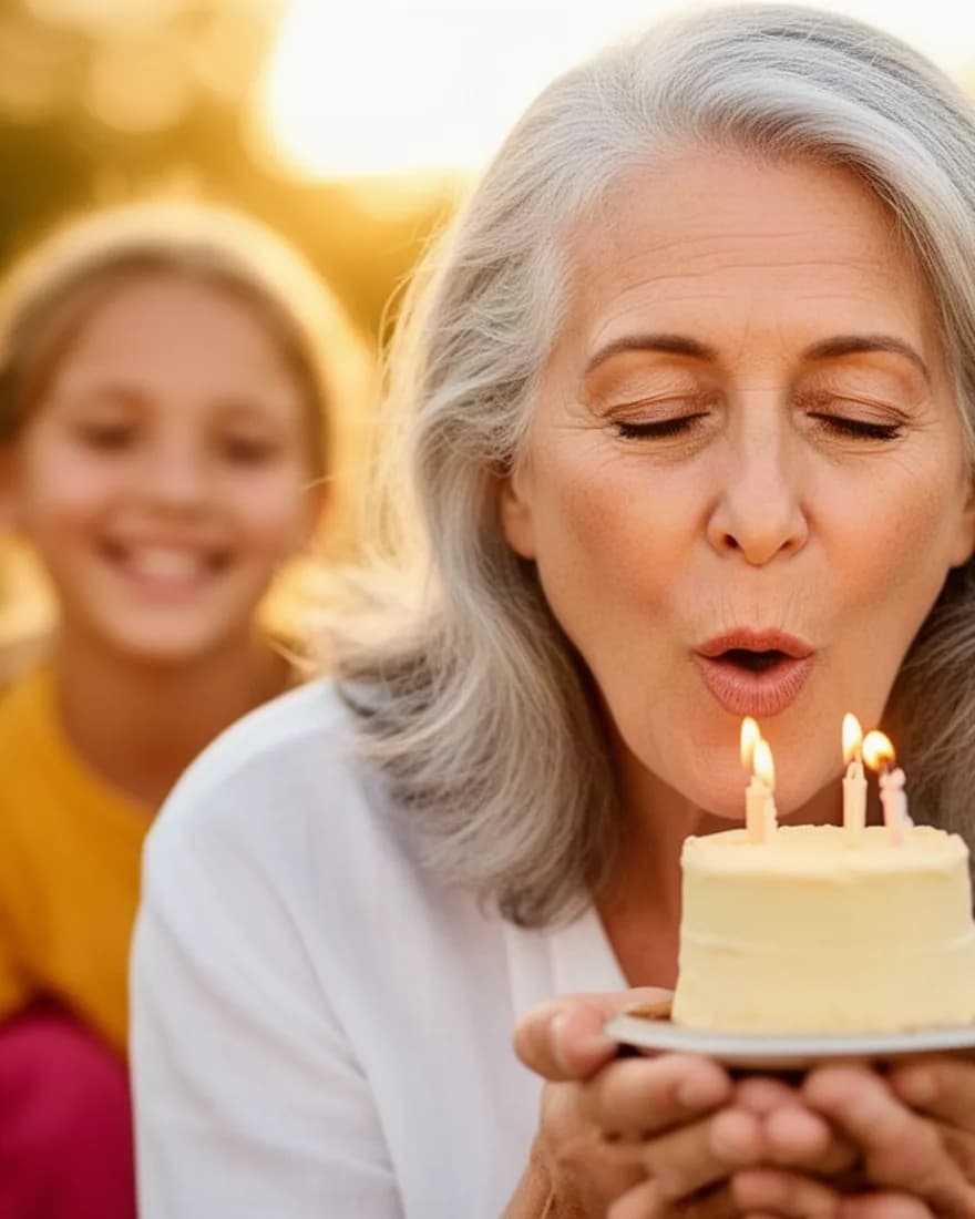 Une femme aux cheveux gris souffle les bougies d’un petit gâteau, ses petits-enfants derrière elle