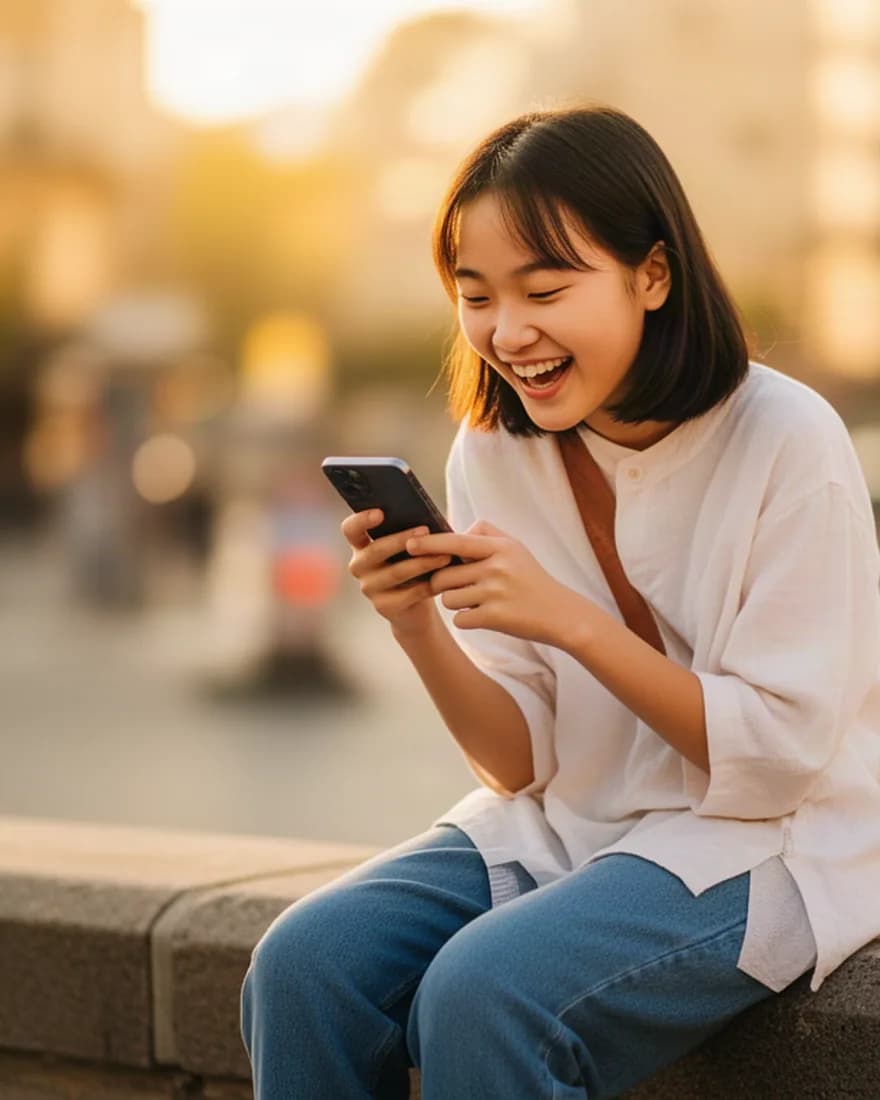Une adolescente rit en lisant un message sur son téléphone, assise sur un muret