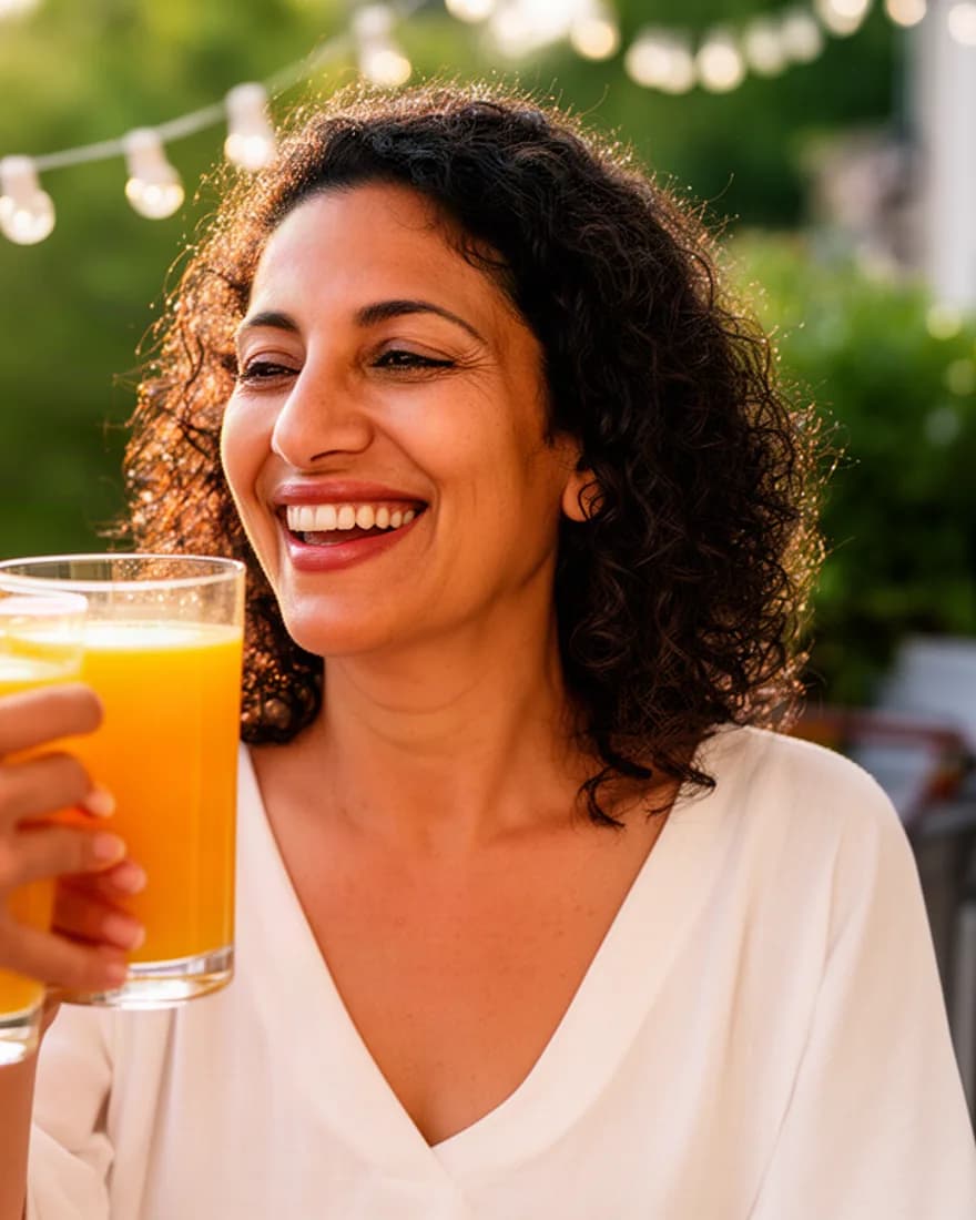 Une femme de quarante-cinq ans trinque avec un verre de jus d’orange en terrasse