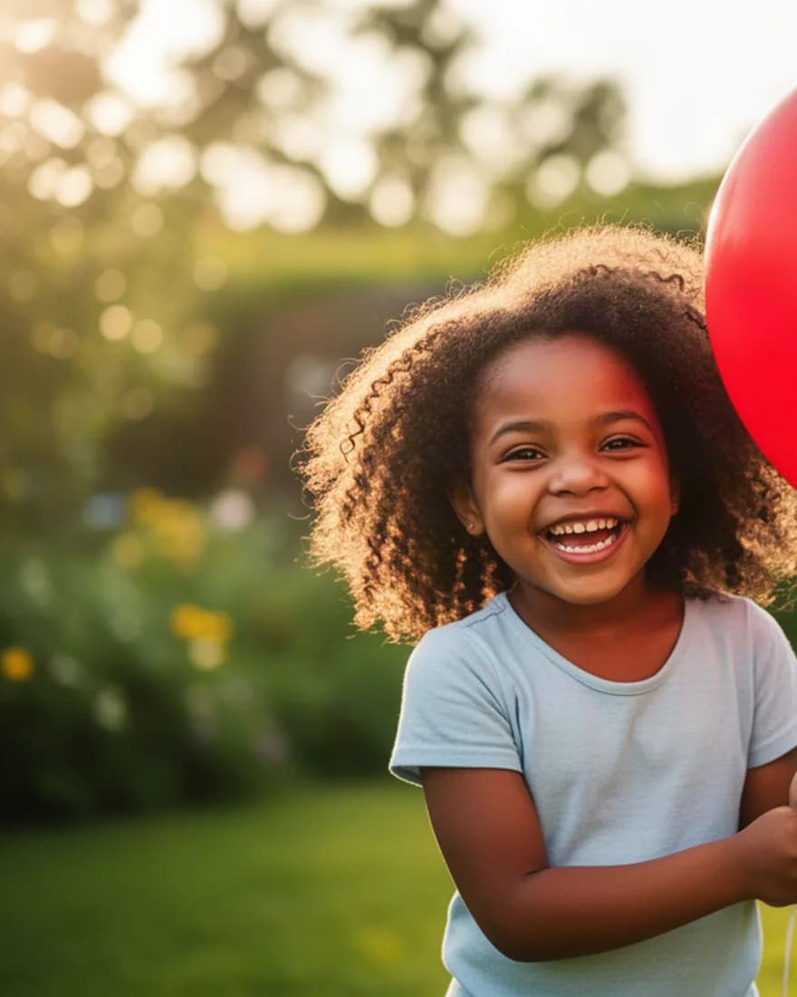 Une petite fille tient un ballon rouge et sourit de toutes ses dents