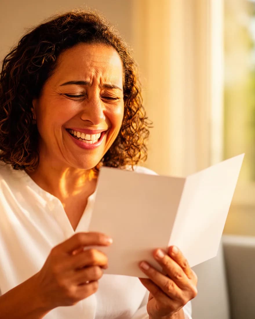 Une femme de cinquante ans reçoit une carte, émue et souriante