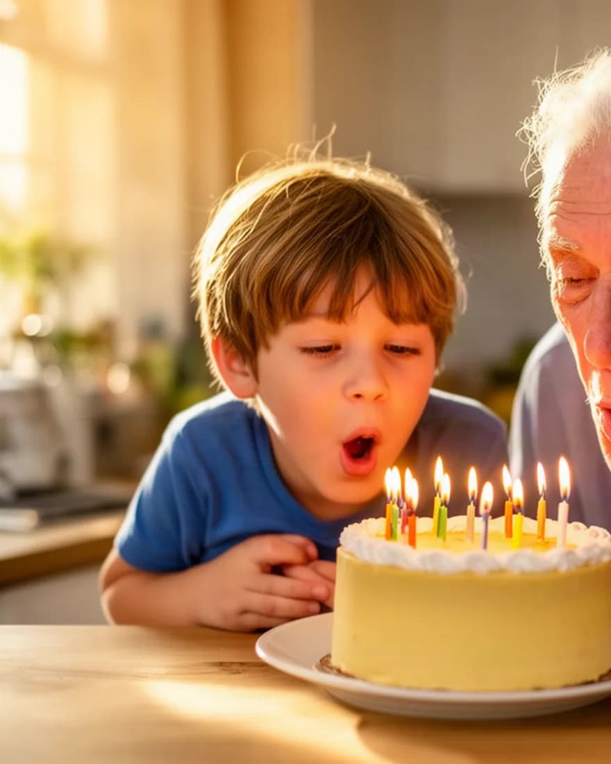 Un grand-père et son petit-fils soufflent ensemble les bougies d’un gâteau