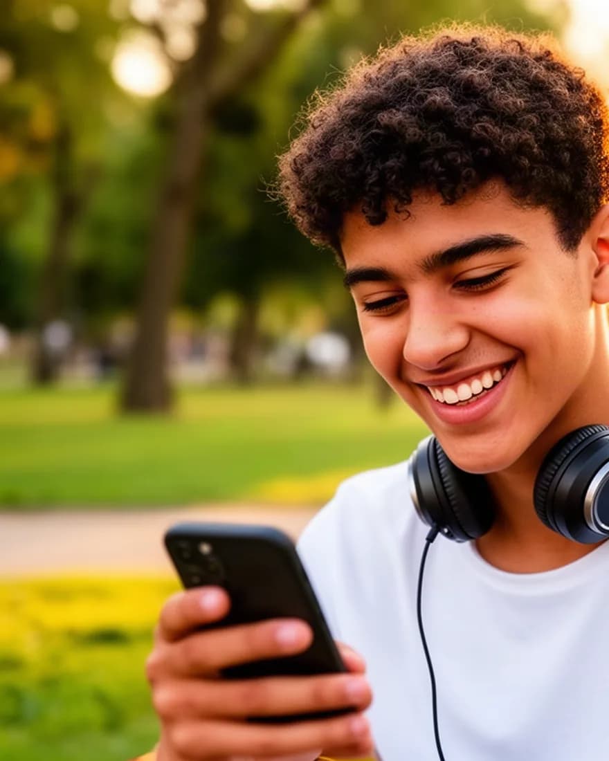 Un adolescent sourit en regardant son téléphone, casque autour du cou