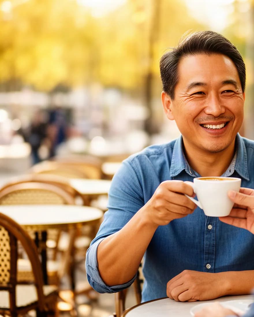 Un homme de quarante ans lève une tasse de café en souriant