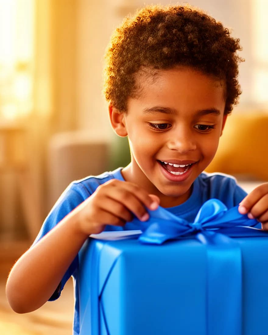 Un petit garçon déballe un paquet cadeau, les yeux écarquillés