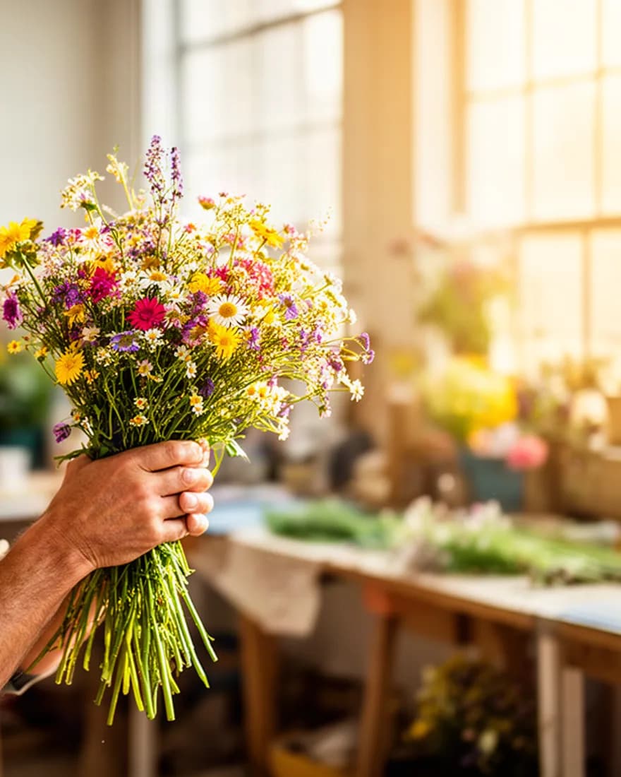 Un homme de cinquante-cinq ans reçoit un bouquet de fleurs des champs, surpris et ravi