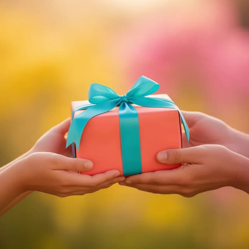 Deux mains se passent un paquet cadeau corail noué d’un ruban turquoise