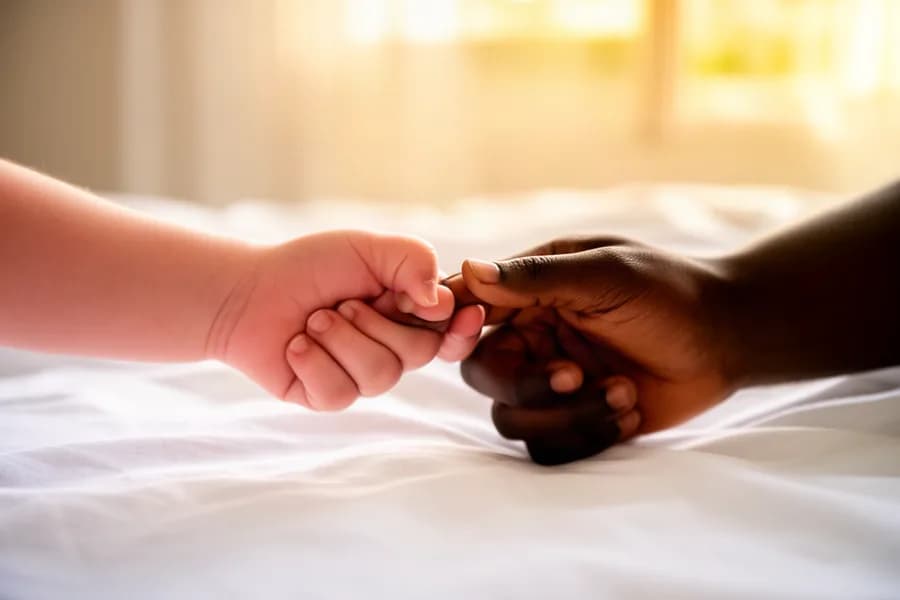 La main d’un nouveau-né serre le doigt de sa mère, dans une lumière douce