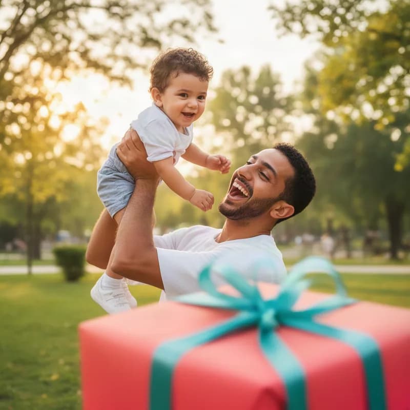 Un père soulève en riant son tout jeune fils dans un parc ensoleillé, un paquet cadeau coloré au premier plan