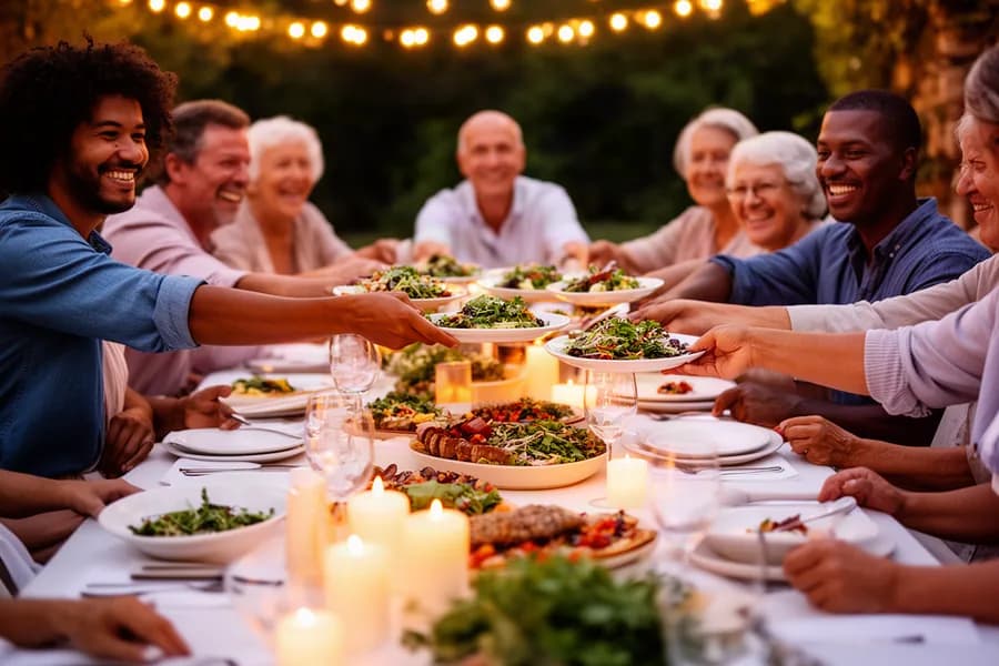 Une table de fête le soir, bougies allumées, des mains de plusieurs générations se passent les plats