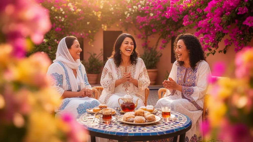 Trois générations de femmes réunies dans un patio ensoleillé, thé et pâtisseries sur une table en mosaïque