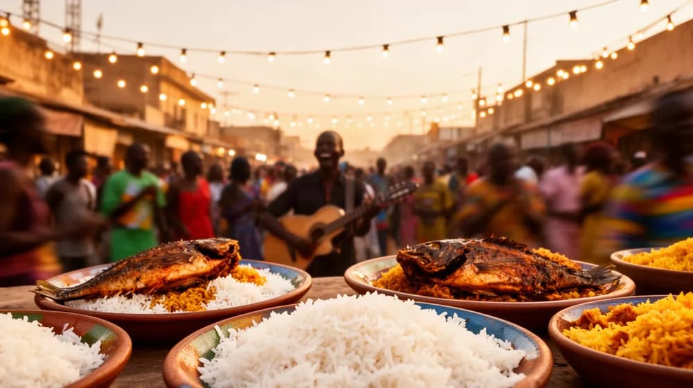 Un quartier ouest-africain en fête le soir, plats partagés sous des guirlandes