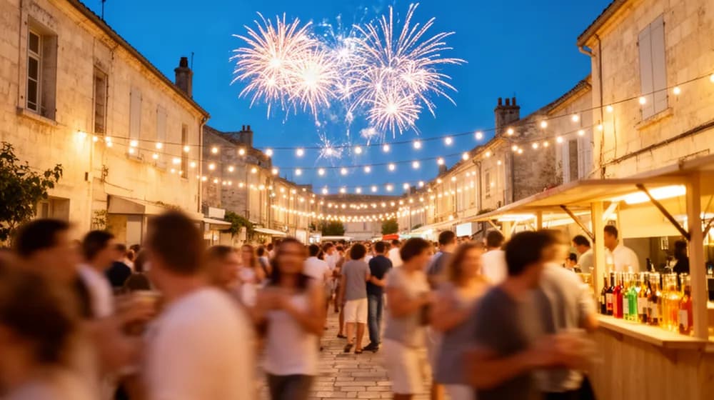Une ruelle pavée en fête, guirlandes lumineuses et feu d’artifice dans le ciel