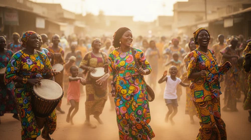 Une rue ouest-africaine en fête, boubous colorés et joueurs de tambours