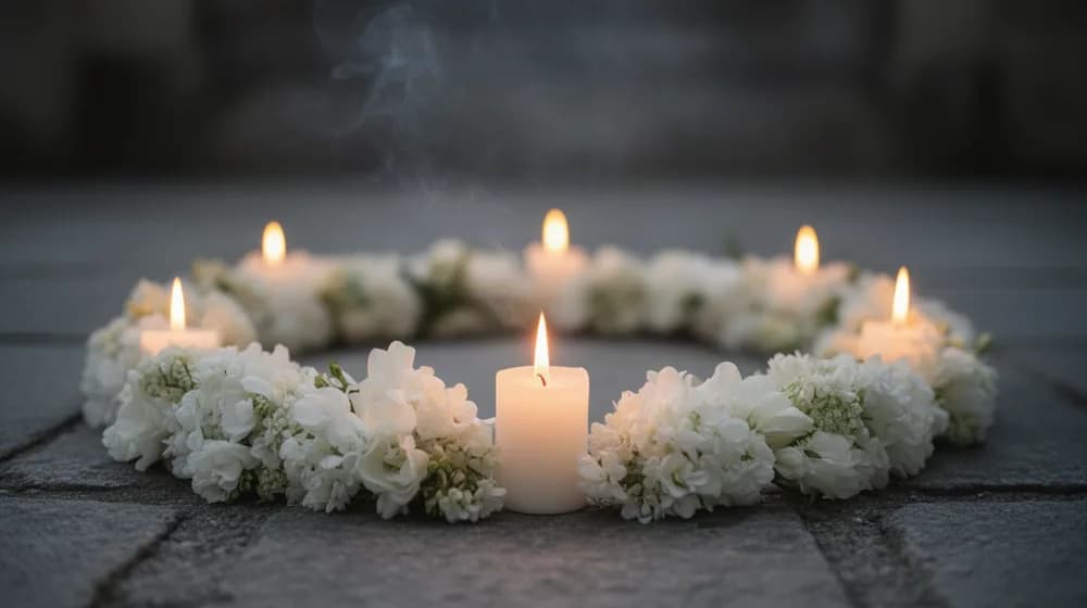 Des bougies allumées et des fleurs blanches disposées en demi-cercle sur la pierre