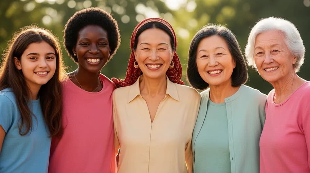 Cinq femmes d’âges et d’origines différents, épaule contre épaule, sourient