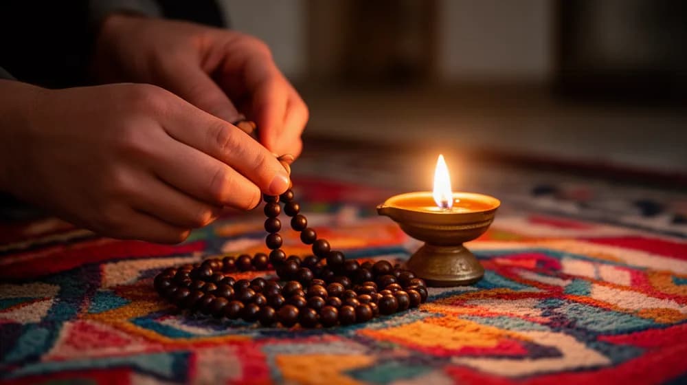 Un chapelet de prière posé près d’une lampe à huile allumée, sur un tapis à motifs
