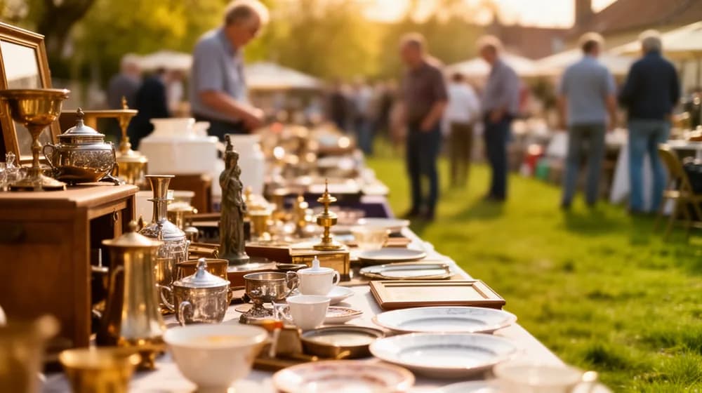 Un vide-grenier de village au printemps, des tables de brocante et des chineurs