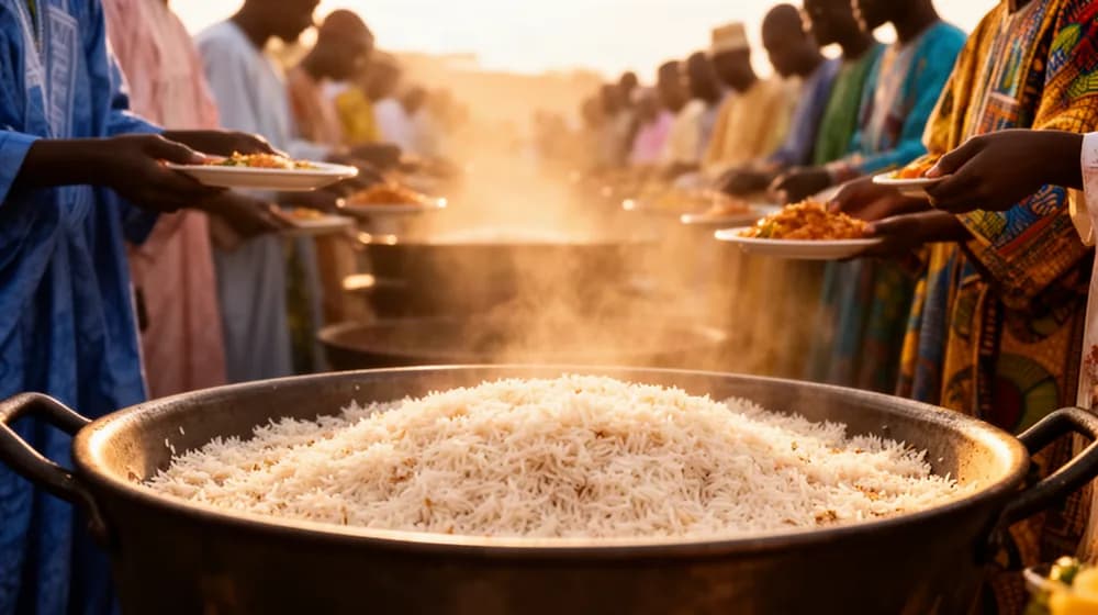 De grandes marmites de riz servies à une longue file de personnes, dans la lumière de fin de journée