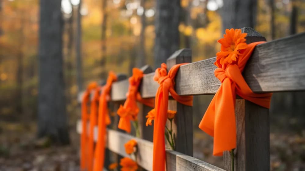 Des rubans de tissu orange noués sur une barrière de bois, quelques fleurs glissées entre les lattes